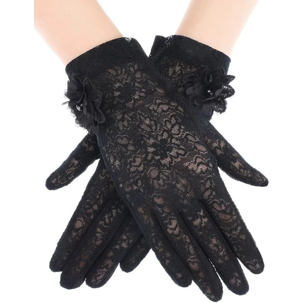 Women's Black Fingerless Floral Short Lace Gloves Party Tea Halloween Wedding